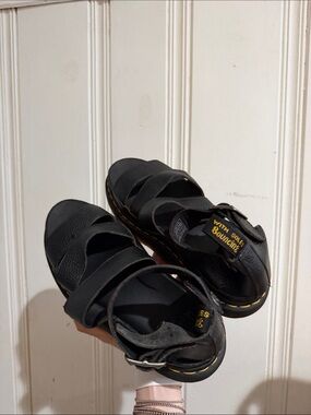 Dr. Martens Black Leather Strappy Platform Sandals with Yellow Stitching